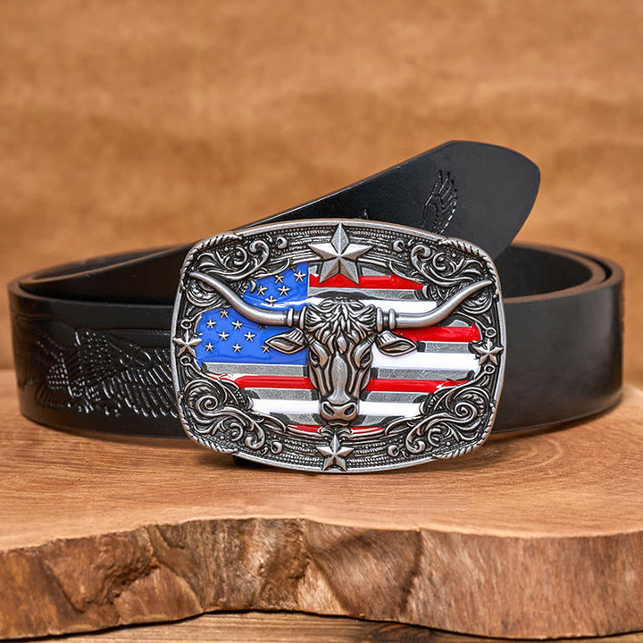 Cintura da uomo in pelle con fibbia a forma di toro Longhorn con bandiera a strisce e stelle colorate - Argento - Cintura con aquila in rilievo nera - 42 - image 4