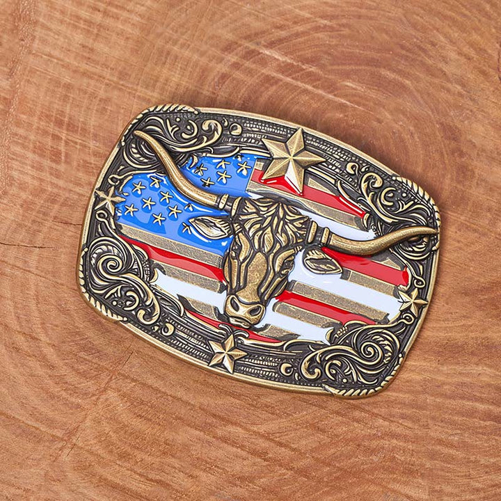 Cintura da uomo in pelle con fibbia a forma di toro Longhorn con bandiera a strisce e stelle colorate - image 3