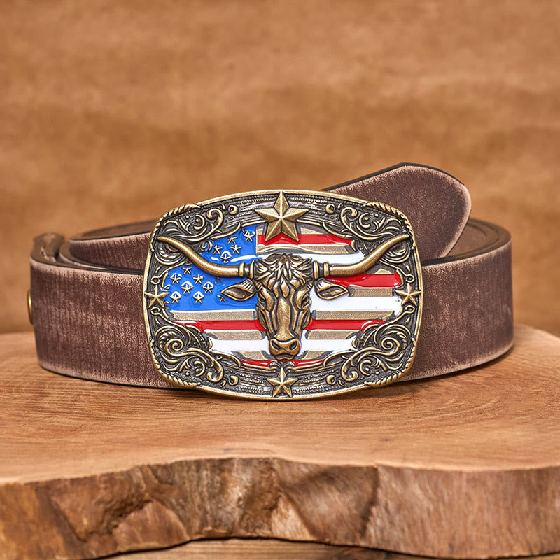 Cintura da uomo in pelle con fibbia a forma di toro Longhorn con bandiera a strisce e stelle colorate - Bronzo - Cintura marrone anticata - 42 - image 11