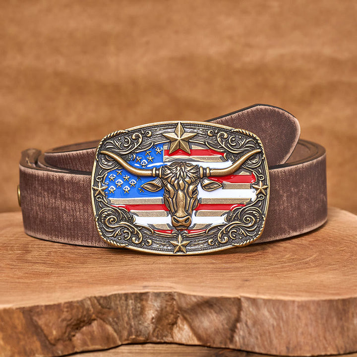 Cintura da uomo in pelle con fibbia a forma di toro Longhorn con bandiera a strisce e stelle colorate - Bronzo - Cintura marrone anticata - 42 - image 11