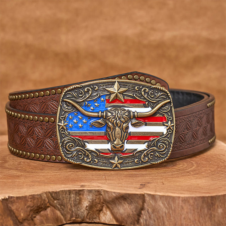 Cintura da uomo in pelle con fibbia a forma di toro Longhorn con bandiera a strisce e stelle colorate - Bronzo - Cintura con rivetti marroni - 42 - image 9