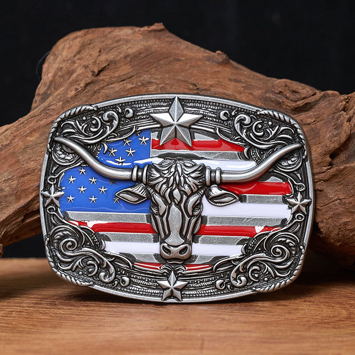 Cintura da uomo in pelle con fibbia a forma di toro Longhorn con bandiera a strisce e stelle colorate - Argento - Senza cintura - Cintura non inclusa - image 0