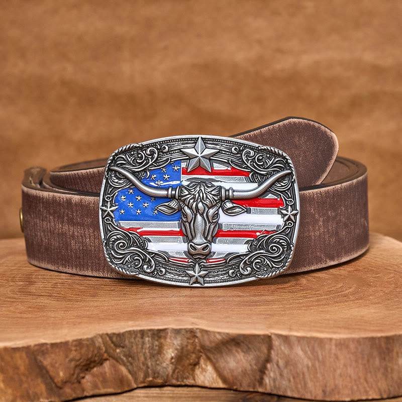Cintura da uomo in pelle con fibbia a forma di toro Longhorn con bandiera a strisce e stelle colorate - Argento - Cintura marrone anticata - 42 - image 10