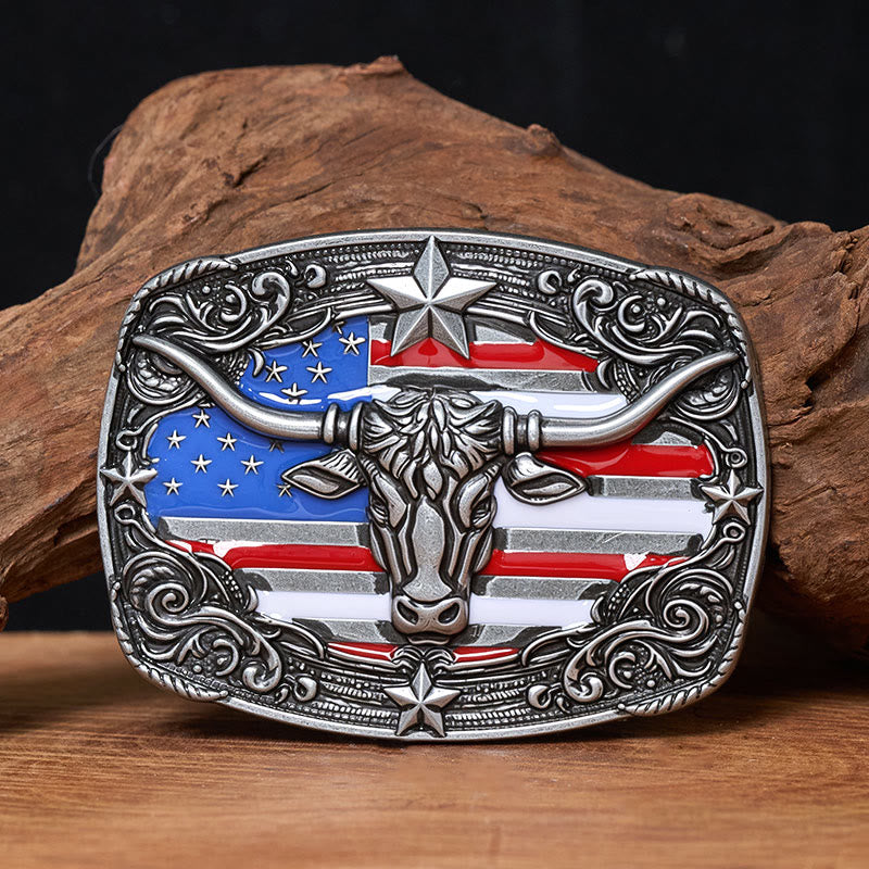 Cintura da uomo in pelle con fibbia a forma di toro Longhorn con bandiera a strisce e stelle colorate - Argento - Senza cintura - Cintura non inclusa - image 0