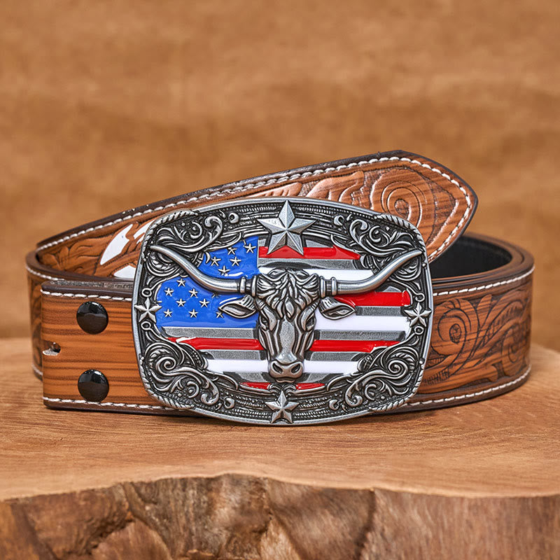 Cintura da uomo in pelle con fibbia a forma di toro Longhorn con bandiera a strisce e stelle colorate - Argento - Cintura di piume marroni - 40 - image 14