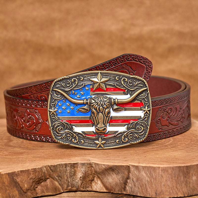 Cintura da uomo in pelle con fibbia a forma di toro Longhorn con bandiera a strisce e stelle colorate - Bronzo - Cintura marrone intagliata - 42 - image 13