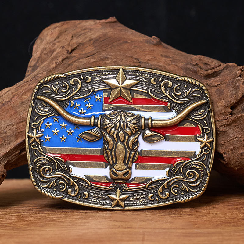 Cintura da uomo in pelle con fibbia a forma di toro Longhorn con bandiera a strisce e stelle colorate - Bronzo - Senza cintura - Cintura non inclusa - image 2