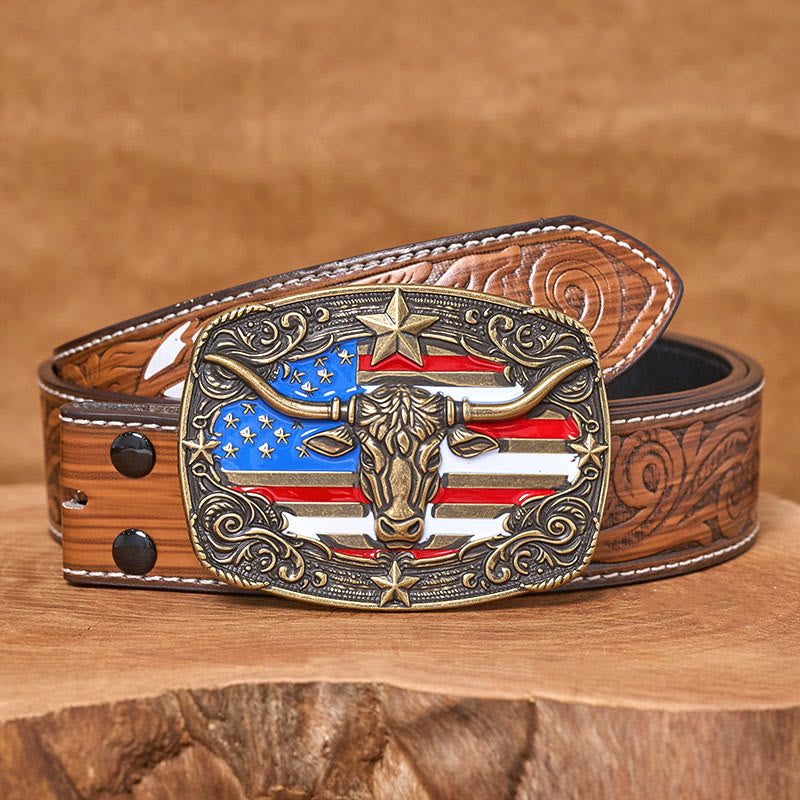 Cintura da uomo in pelle con fibbia a forma di toro Longhorn con bandiera a strisce e stelle colorate - Bronzo - Cintura di piume marroni - 40 - image 15