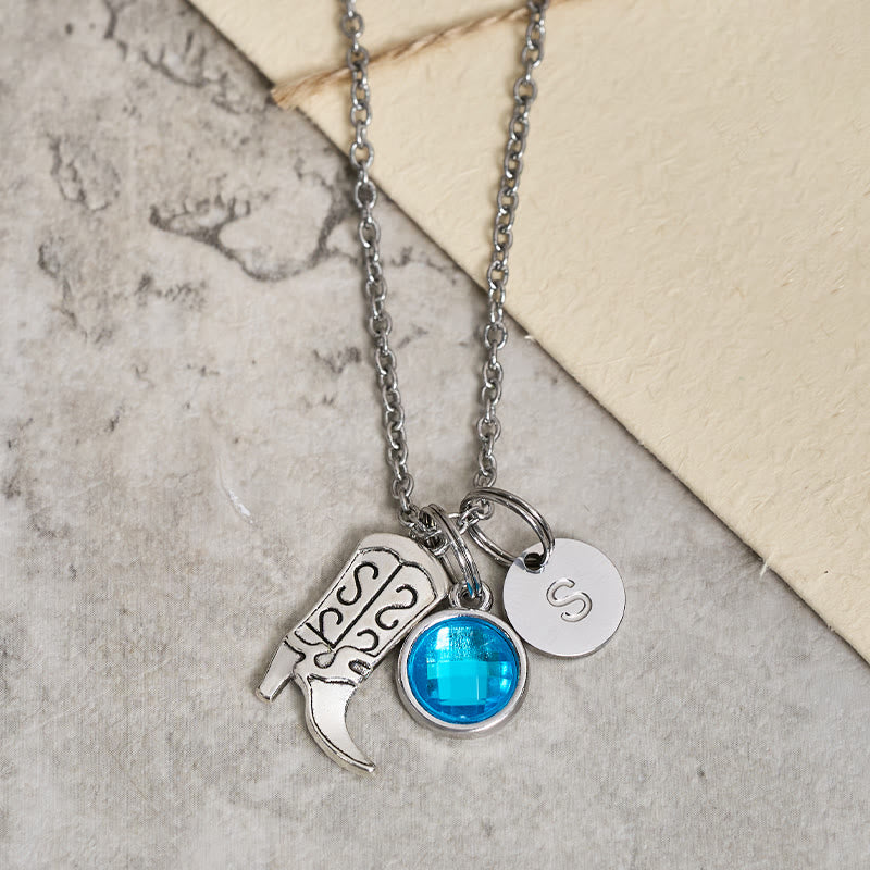 Collana con ciondolo in pietra preziosa con stivali da cowboy western in argento e lettera - Blu - Z - image 4