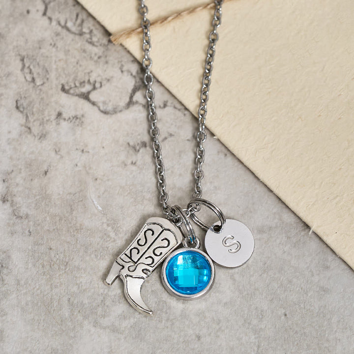 Collana con ciondolo in pietra preziosa con stivali da cowboy western in argento e lettera - Blu - Z - image 4