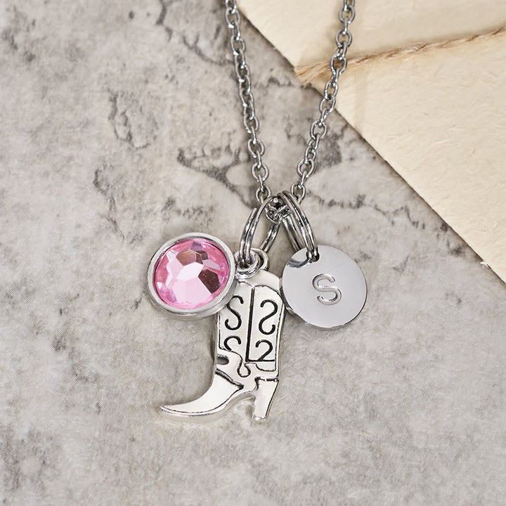 Collana con ciondolo in pietra preziosa con stivali da cowboy western in argento e lettera - Rosa - Z - image 2