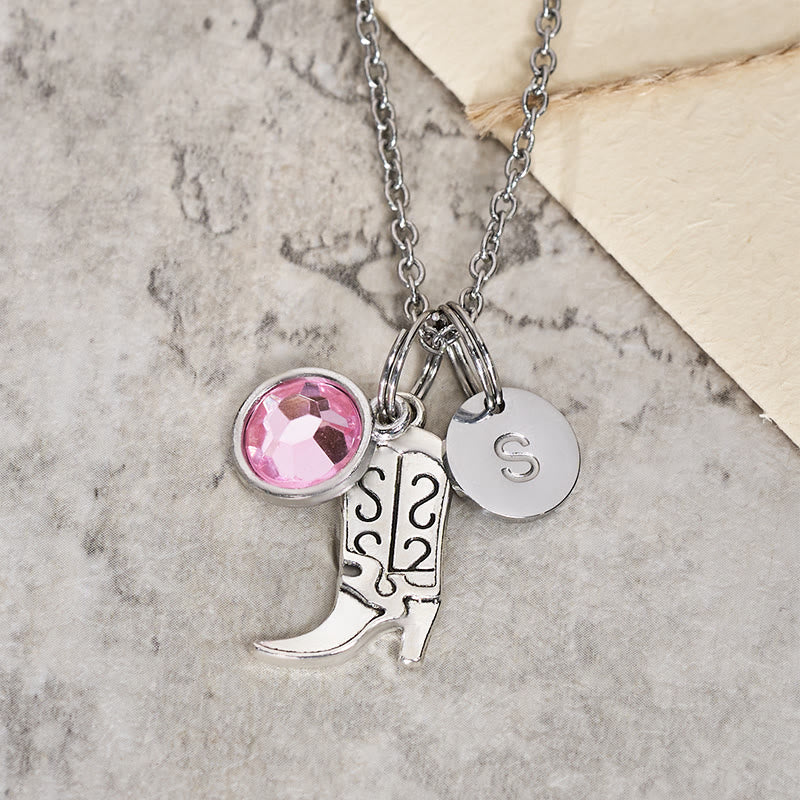 Collana con ciondolo in pietra preziosa con stivali da cowboy western in argento e lettera - Rosa - Z - image 2