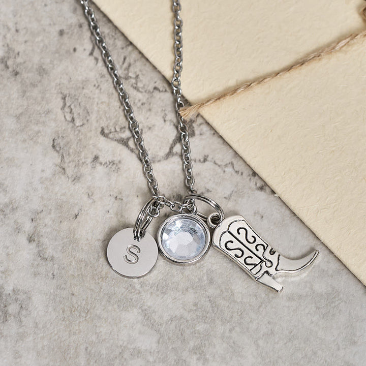 Collana con ciondolo in pietra preziosa con stivali da cowboy western in argento e lettera - Bianco - Z - image 3