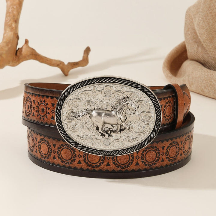 Cintura da uomo in pelle goffrata con fibbia ovale argentata a forma di cavallo da corsa - Cavallo d'argento - 44 - image 0