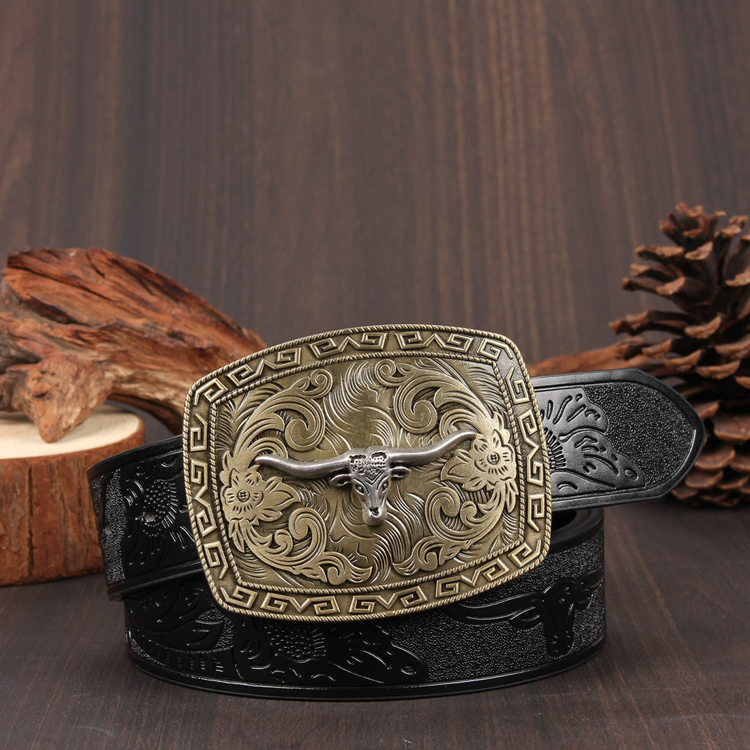 Cintura in pelle goffrata con fibbia a forma di testa di toro con corna lunghe in bronzo vintage - Stile n. 1 - 40 - image 0