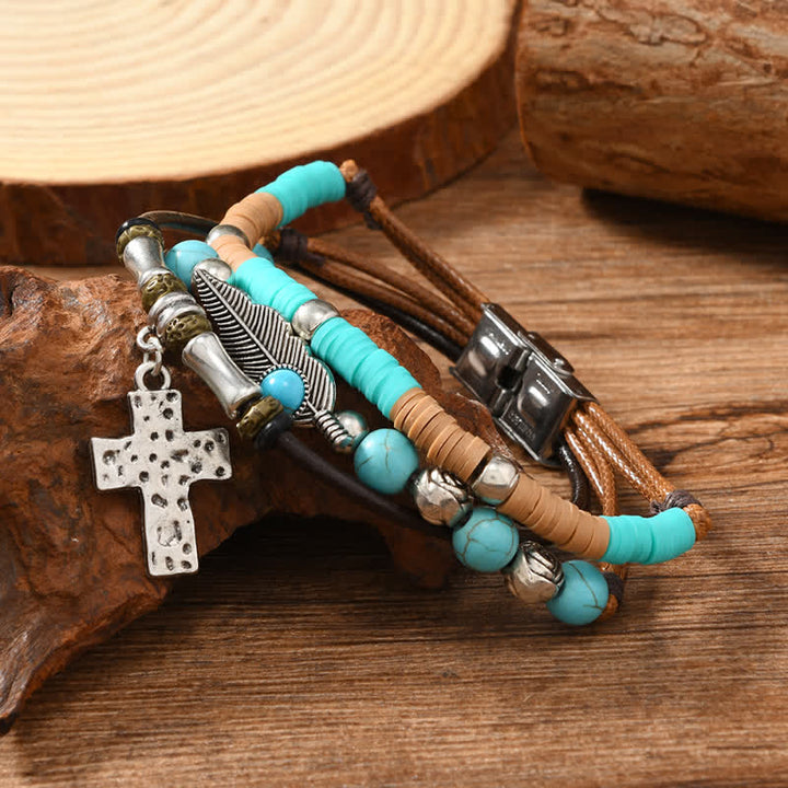 Bracciale in pelle a strati con piume turchesi e croce - Attraverso - image 0