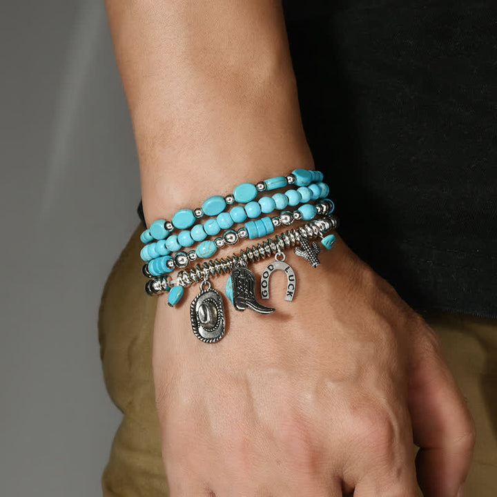 Set di 4 bracciali in pelle turchese in stile Western Frontier - image 1