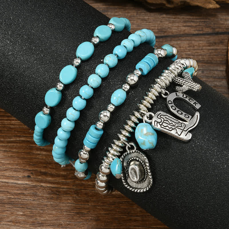 Set di 4 bracciali in pelle turchese in stile Western Frontier - image 3