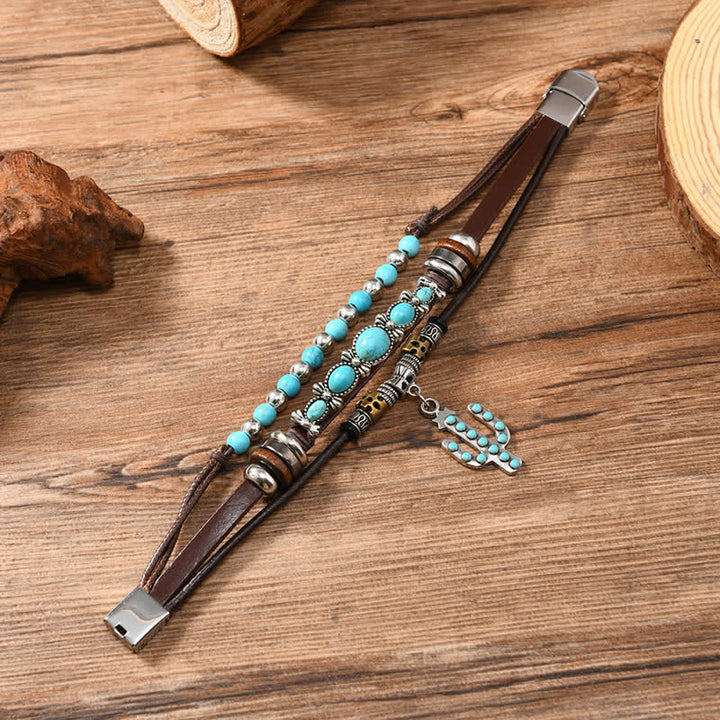Bracciale in pelle con ciondolo turchese e cactus occidentale - image 3
