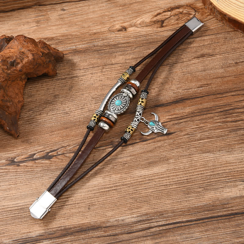 Bracciale in pelle a strati Western Essential Bull Skull - image 2