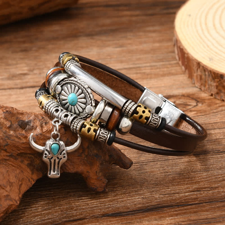 Bracciale in pelle a strati Western Essential Bull Skull - image 3