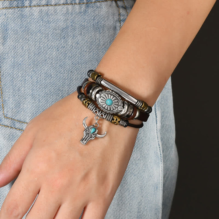 Bracciale in pelle a strati Western Essential Bull Skull - image 1