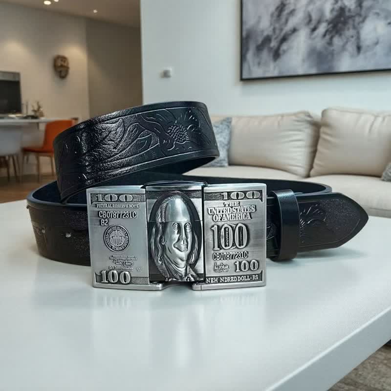 Cintura in pelle da uomo con banconota da un dollaro statunitense e accendino a cherosene nascosto - Nero - 42 - image 3