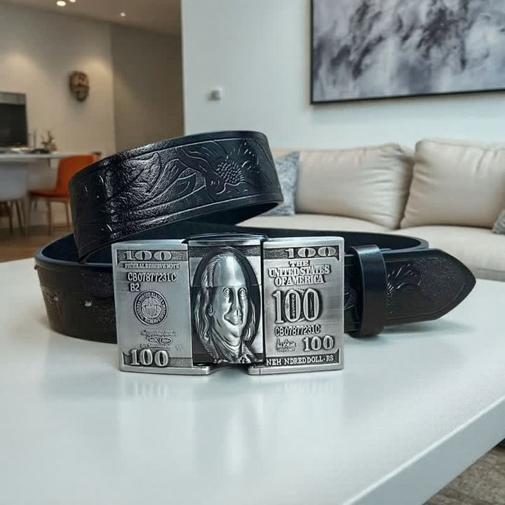 Cintura in pelle da uomo con banconota da un dollaro statunitense e accendino a cherosene nascosto - Nero - 42 - image 3