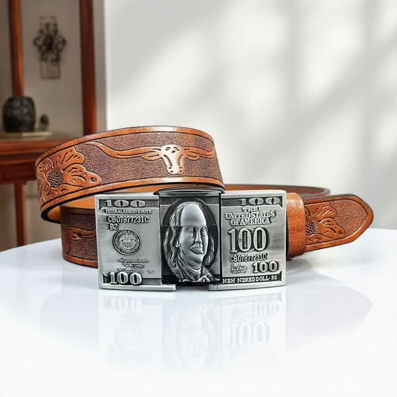 Cintura in pelle da uomo con banconota da un dollaro statunitense e accendino a cherosene nascosto - Marrone - 42 - image 0