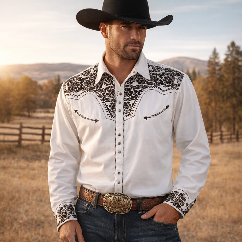 Camicia da cowboy bianca con stampa floreale retrò western - Bianco - 6XL - image 0