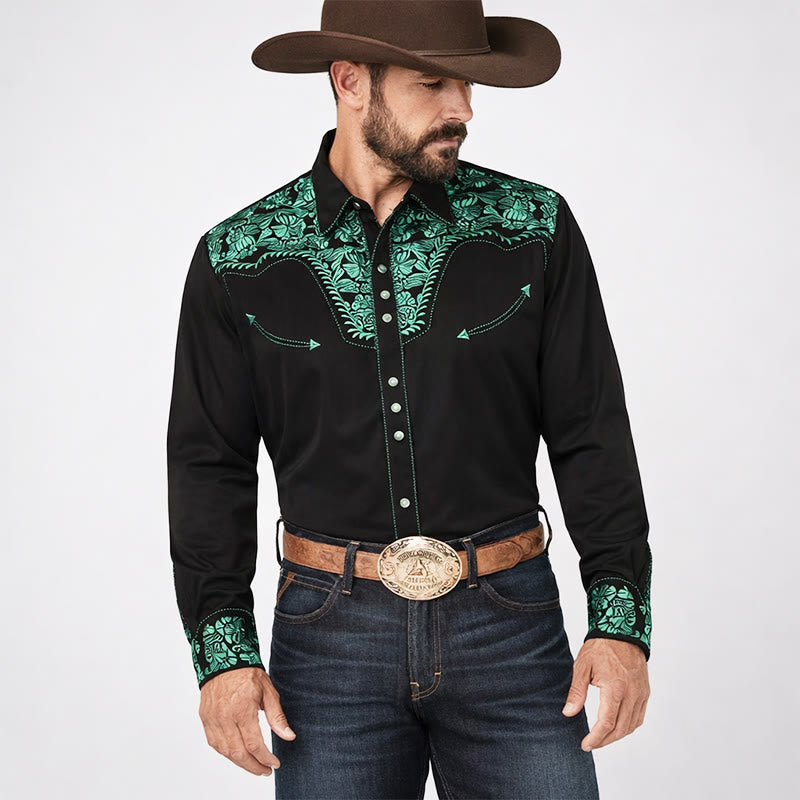 Camicia da cowboy nera con stampa floreale verde in stile western e 3D - image 1