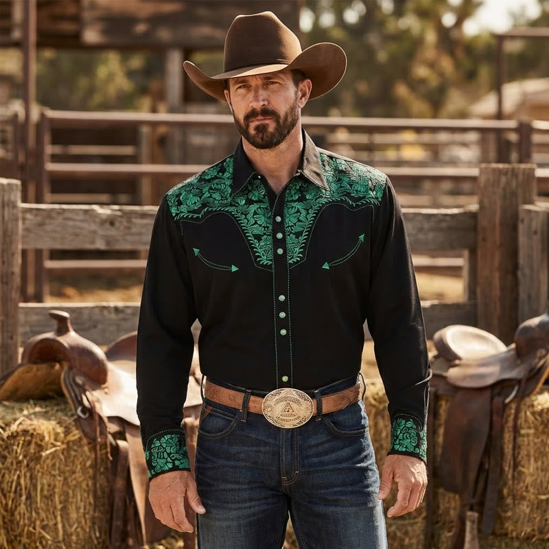 Camicia da cowboy nera con stampa floreale verde in stile western e 3D - Nero - 6XL - image 0