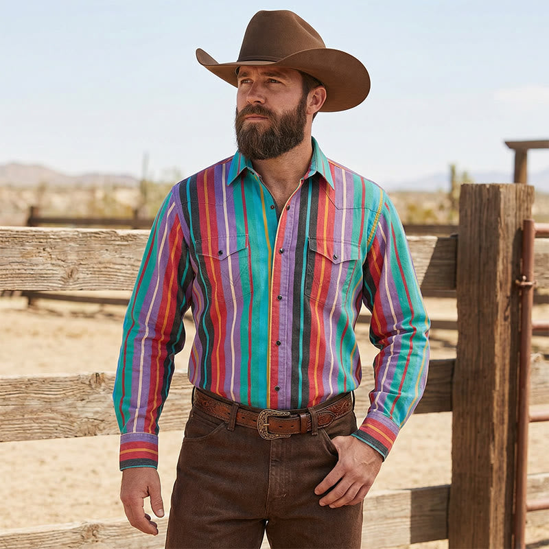 Camicia da uomo retrò western con stampa 3D a righe arcobaleno - image 1