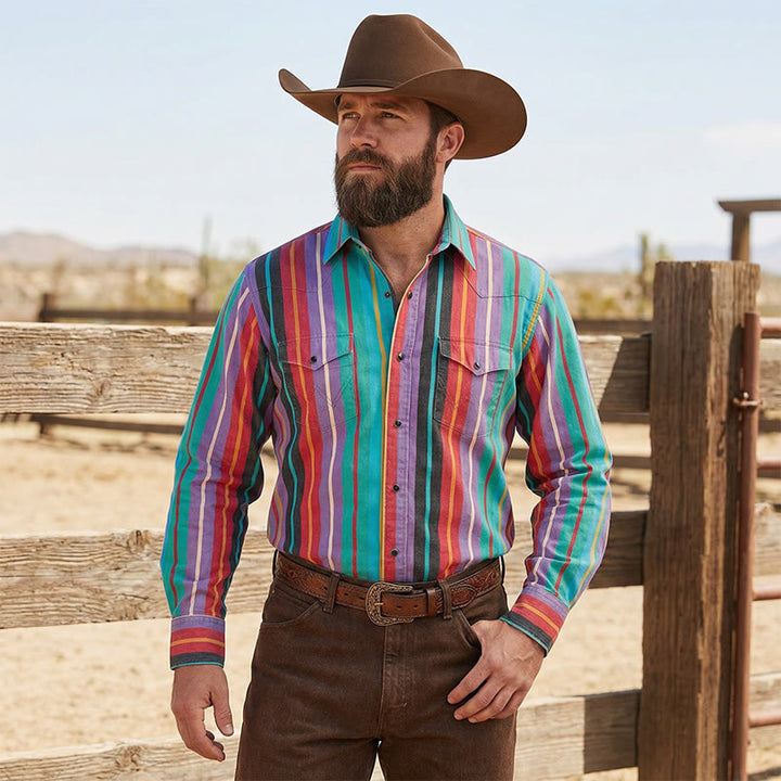 Camicia da uomo retrò western con stampa 3D a righe arcobaleno - image 1