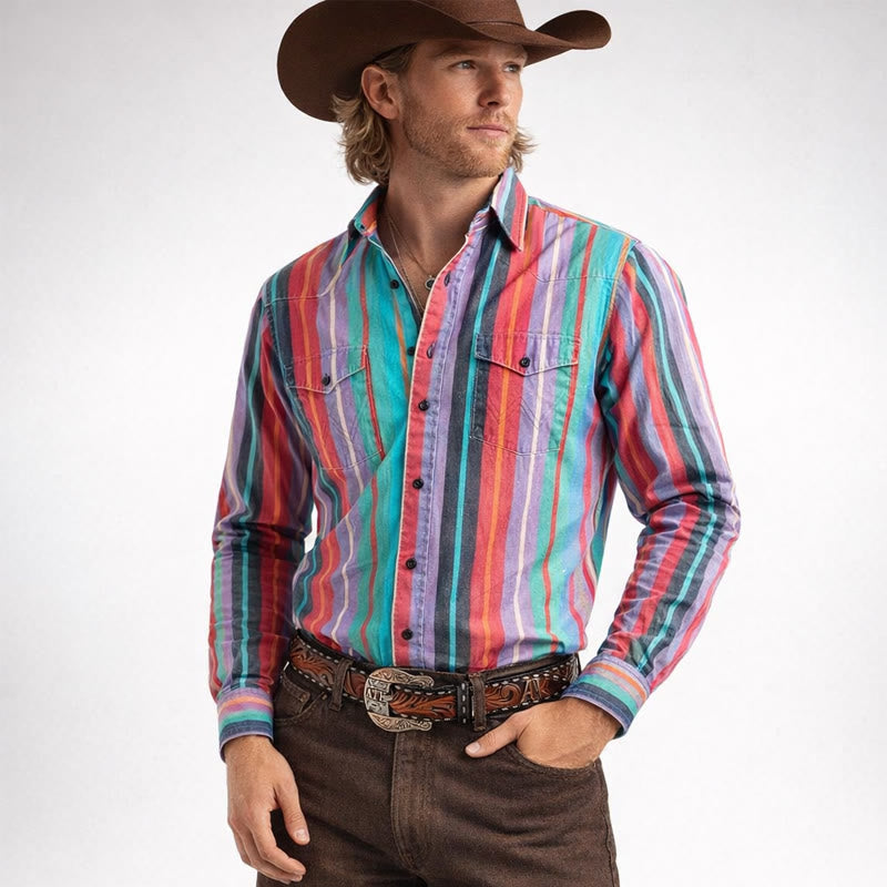 Camicia da uomo retrò western con stampa 3D a righe arcobaleno - Colorato - 5XL - image 0