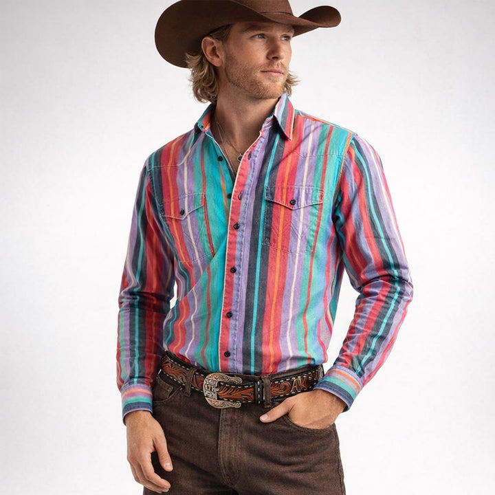 Camicia da uomo retrò western con stampa 3D a righe arcobaleno - Colorato - 5XL - image 0