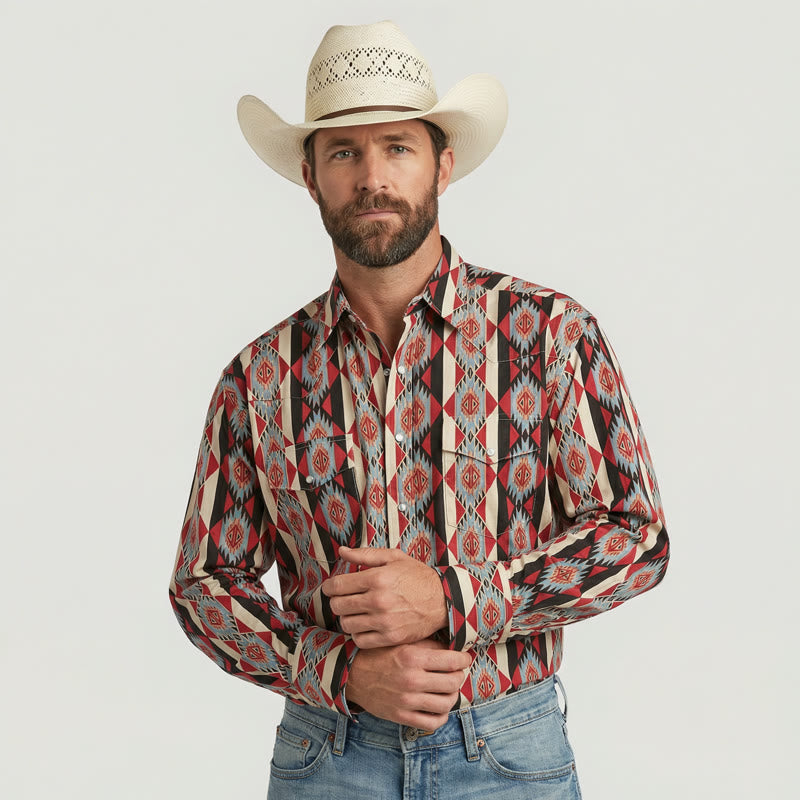 Camicia da cowboy western con stampa geometrica Navajo da uomo - image 1