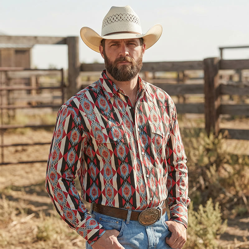Camicia da cowboy western con stampa geometrica Navajo da uomo - Stampa geometrica - 5XL - image 0