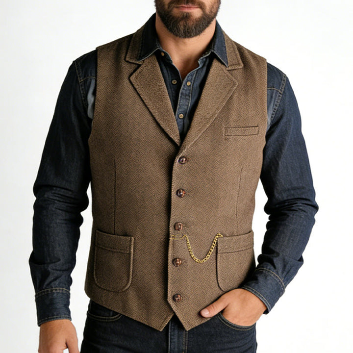 Gilet monopetto da uomo in stile western con motivo a spina di pesce e catena - image 1