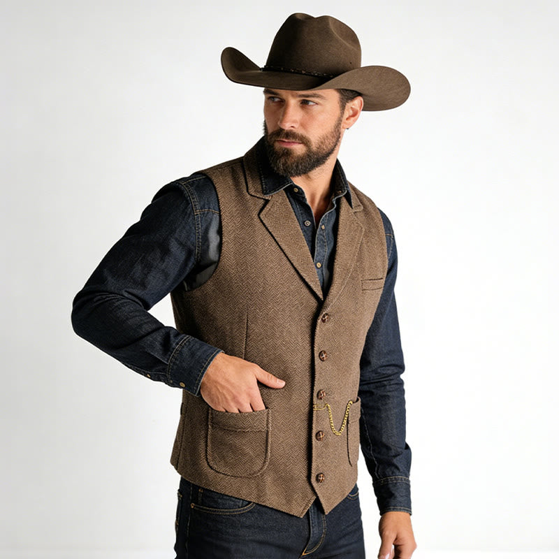 Gilet monopetto da uomo in stile western con motivo a spina di pesce e catena - image 2