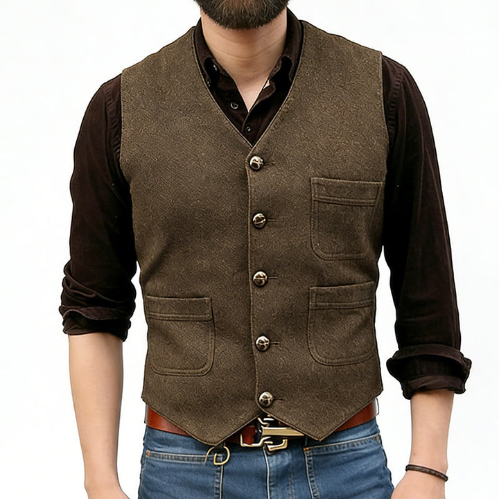 Gilet multitasche da uomo in stile western retrò con scollo a V - Marrone - 3XL - image 1
