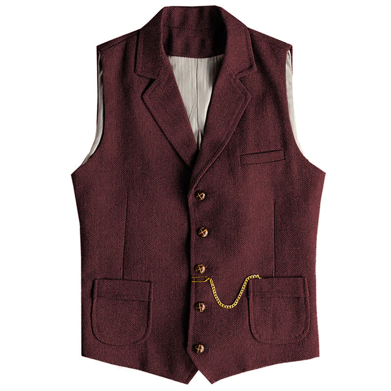 Gilet monopetto da uomo in stile western con motivo a spina di pesce e catena - Vino - 3XL - image 7