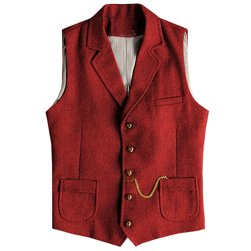 Gilet monopetto da uomo in stile western con motivo a spina di pesce e catena - Rosso - 3XL - image 6