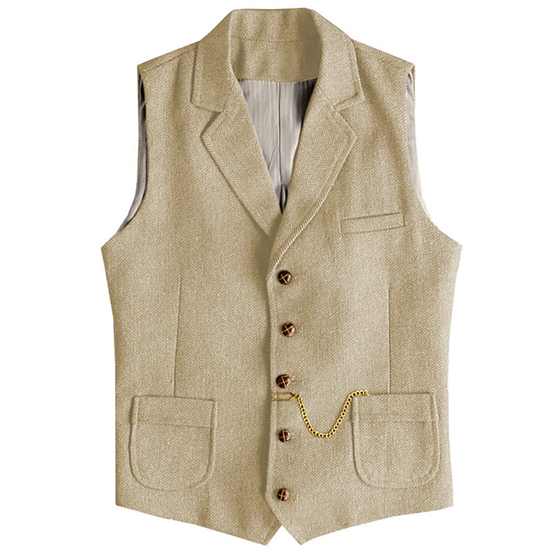 Gilet monopetto da uomo in stile western con motivo a spina di pesce e catena - Champagne - 3XL - image 9