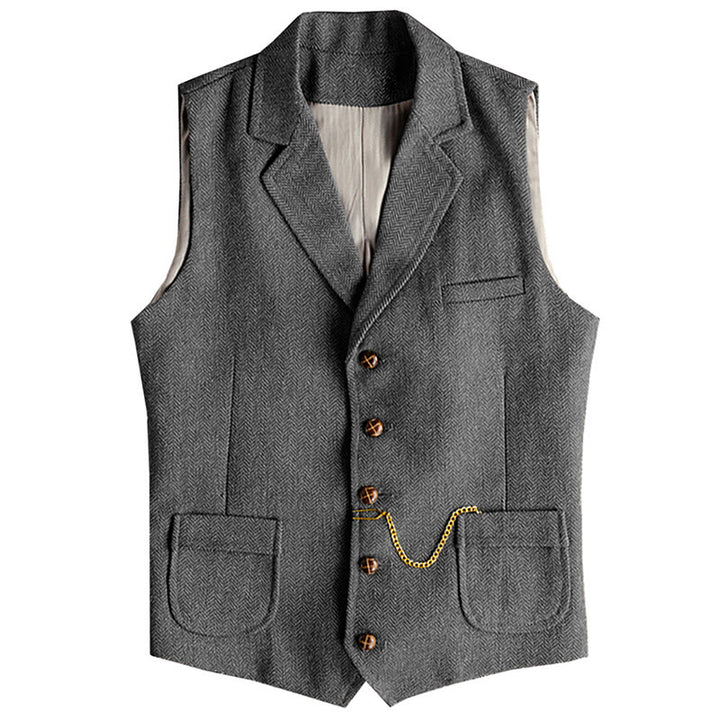 Gilet monopetto da uomo in stile western con motivo a spina di pesce e catena - Grigio - 3XL - image 3