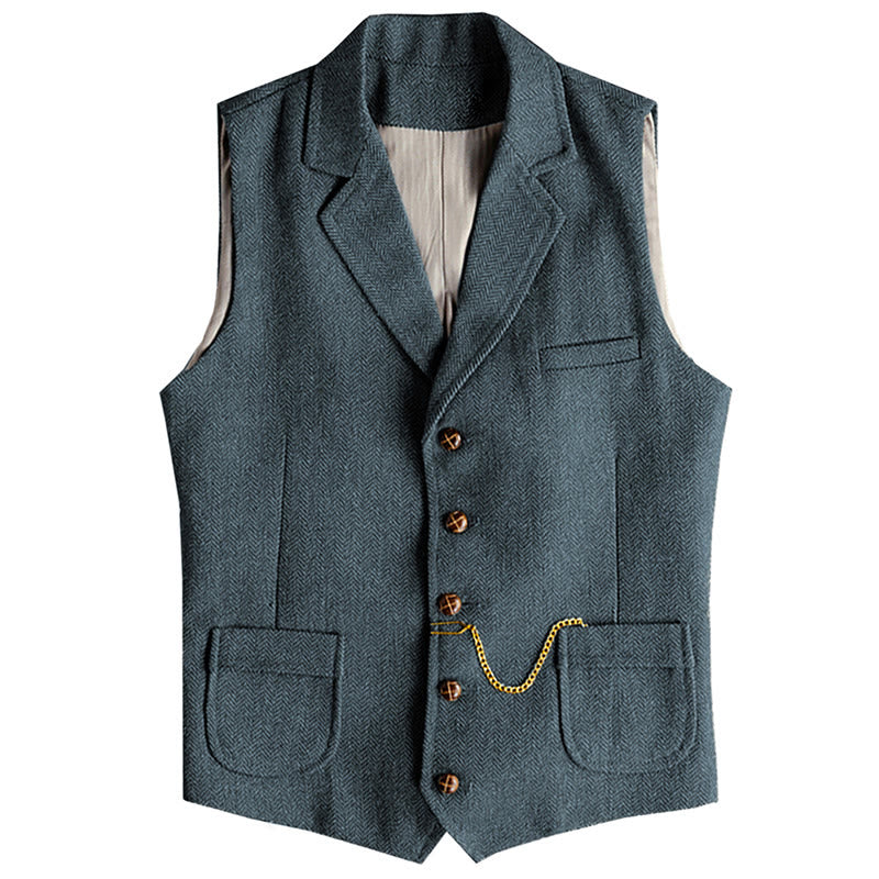 Gilet monopetto da uomo in stile western con motivo a spina di pesce e catena - Blu navy chiaro - 3XL - image 15