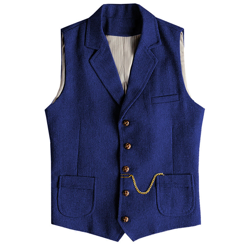 Gilet monopetto da uomo in stile western con motivo a spina di pesce e catena - Blu reale - 3XL - image 13