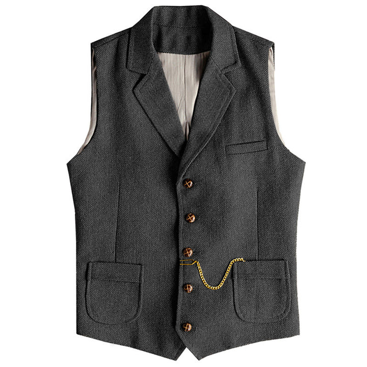 Gilet monopetto da uomo in stile western con motivo a spina di pesce e catena - Nero - 3XL - image 5
