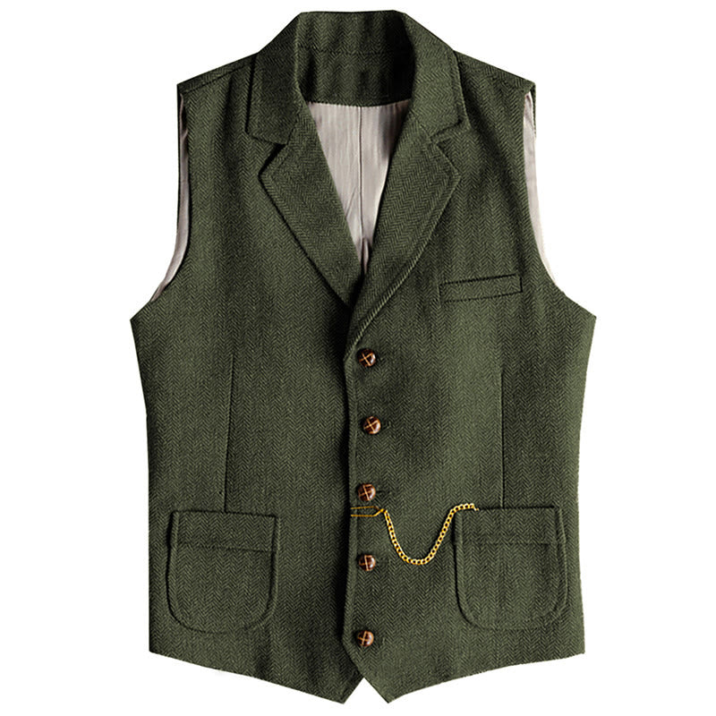 Gilet monopetto da uomo in stile western con motivo a spina di pesce e catena - Verde militare - 3XL - image 11