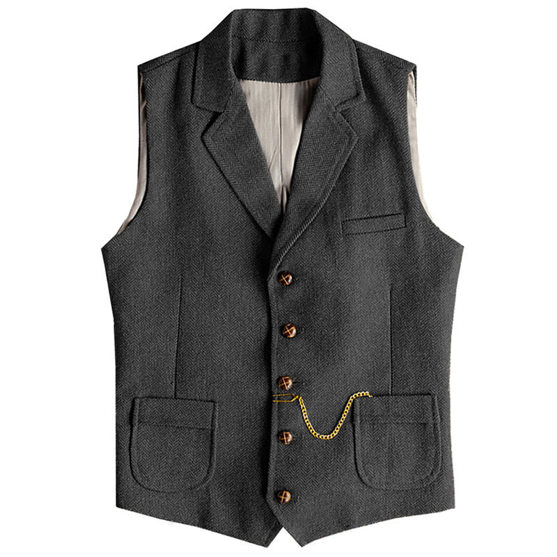 Gilet monopetto da uomo in stile western con motivo a spina di pesce e catena - Nero - 3XL - image 5